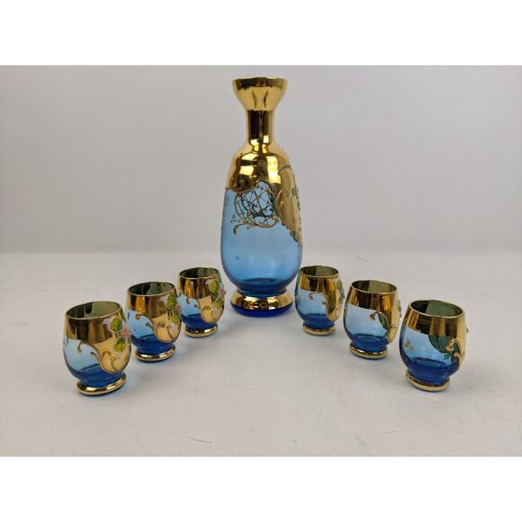 Vintage Blue Decanter & Stopper 6 glasses Made In Italy Venetian Murano gold - Picture 3 of 9